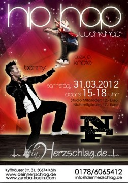 HIP HOP WORKSHOP @ deinherzschlag.de 
Der Workshop ist am Samstag, den 31.03.2026 von 15-18 Uhr
Studio Mitglieder: 12,- Euro
Nichtmitglieder: 17,- Euro
Trainer: Benny und Alex P. Konte